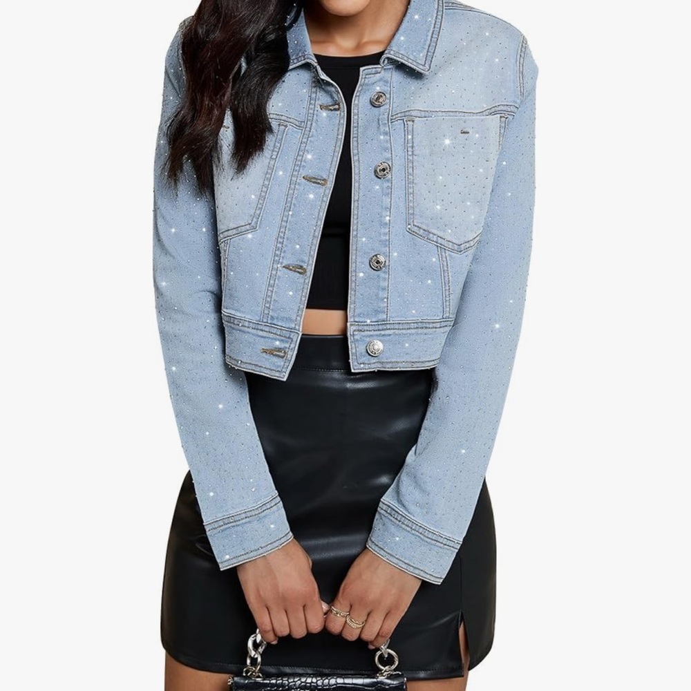 Women’s Cropped Jean Jacket Trendy Rhinestone Embellished Large